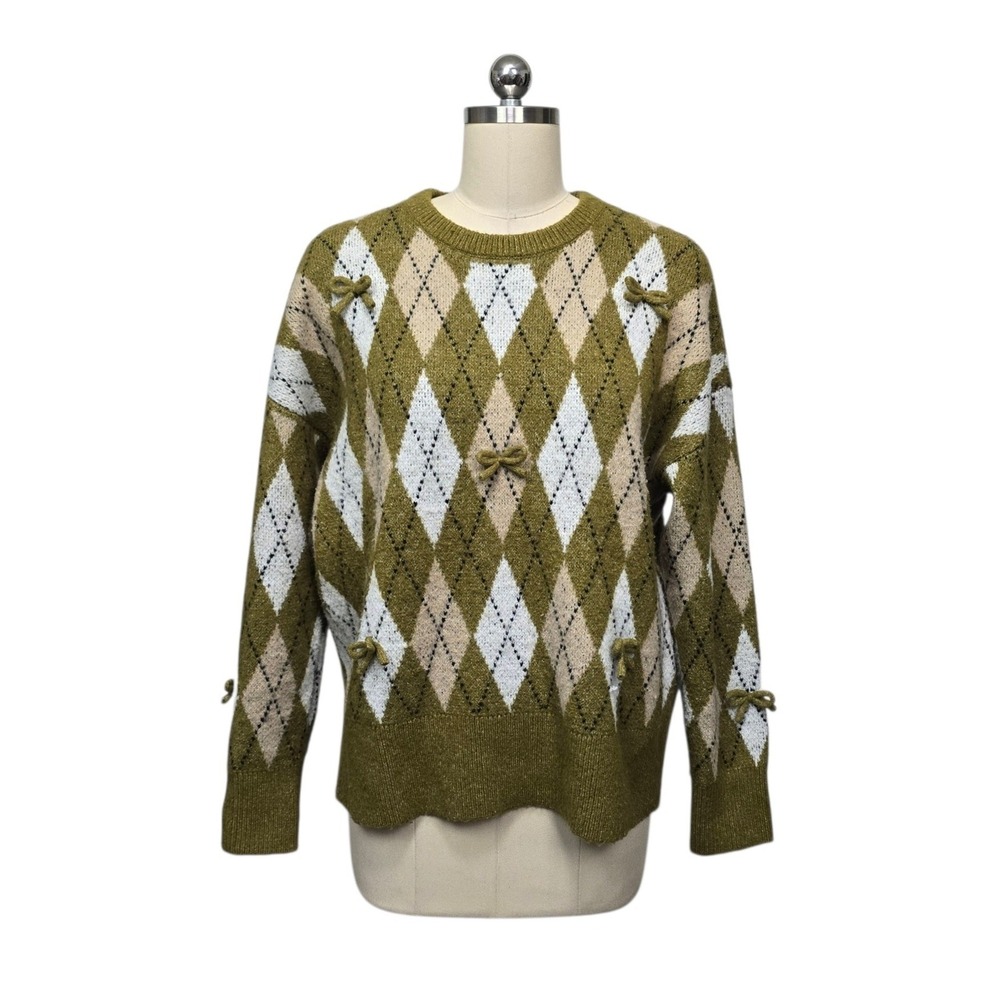 Maeve Anthropologie Argyle Bow Sweater Green Tan White Size Small 3D Bow Accents
